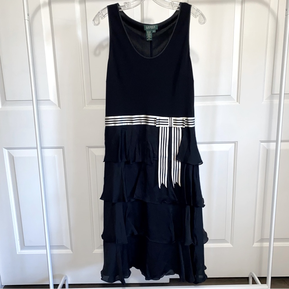 Ralph Lauren vintage Y2K preppy sleeveless tiered ruffle ribbon drop waist dress